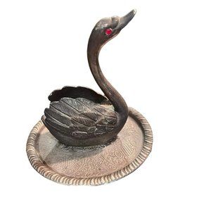 Vintage Swan Ring Holder w Base Tray Silver Plate Ruby Eyes Jewelry Heavy 4 In